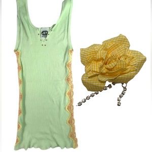 JET by John Eshaya Tank Top Green w Lace, Gingham & Rhinestone Flower Brooch Y2K